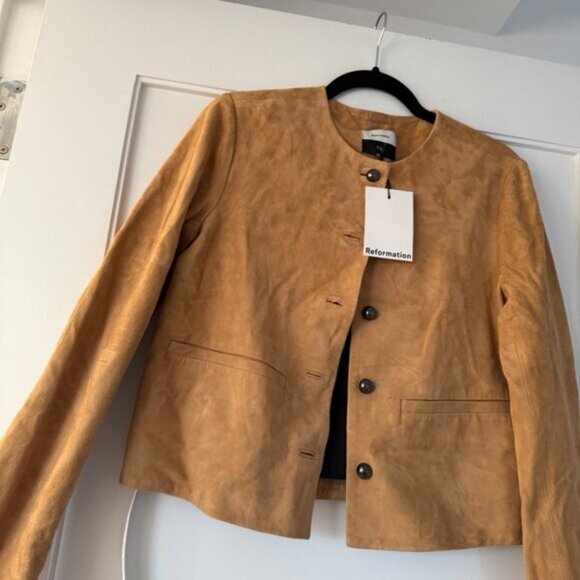 NWT Reformation Veda Reed Jacket Sz Small In Parmesan Suede Leather Collarless - Picture 7 of 9